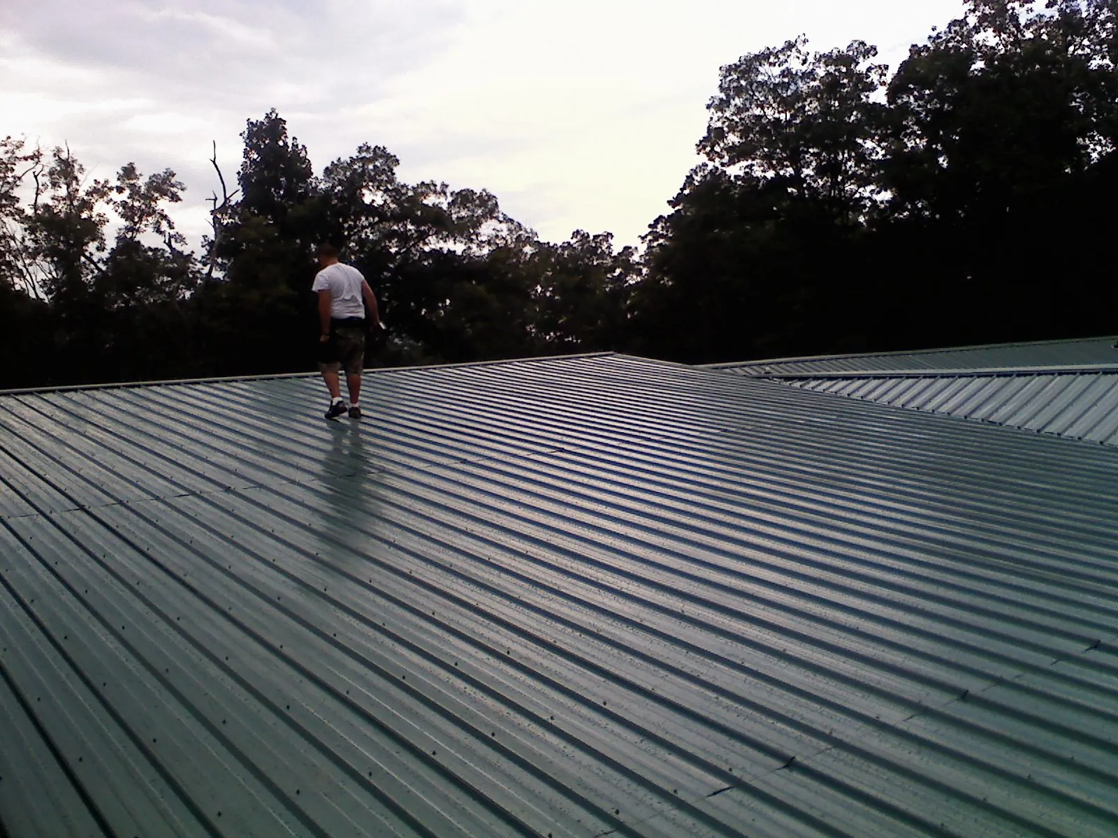 Roofer walking a wide expanse of new green metal roofing in Faison