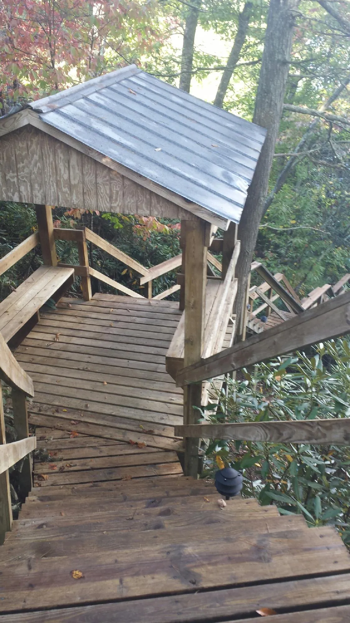 Metal roofed shelter over wooden steps on a wooded walkway — Skylight Repair & Installation work by our crew in Faison